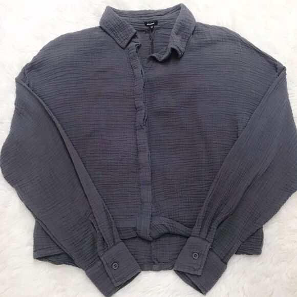 MONROW Relaxed Cotton Gauze Button Down Shirt Twist Front Gray Size Large - Picture 2 of 11